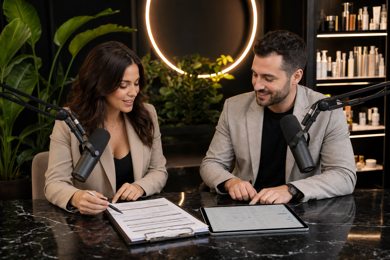 Two podcast hosts discussing med spa new patient intake forms at a studio table with microphones